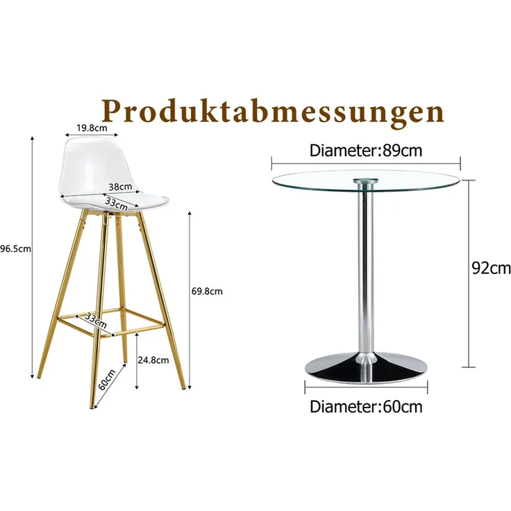 Flexibles Bar-Set: Runder Glastisch mit 89 cm Durchmesser + 2 Barhocker mit goldfarbenen Beinen.• Transparente Optik • Vielseitig einsetzbar •Schafft visuelle Weite und spart Platz, Flexibles Bar-Set: Runder Glastisch mit 89 cm Durchmesser + 2 Barhocke... – Bild 3