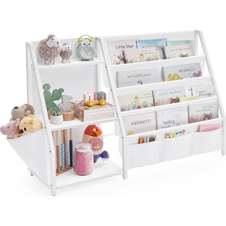 SONGMICS Bücherregal Kinder, mit Seitentasche, Stahl/Textil/Holz Weiß, 30 x 108,5 x 75 cm
