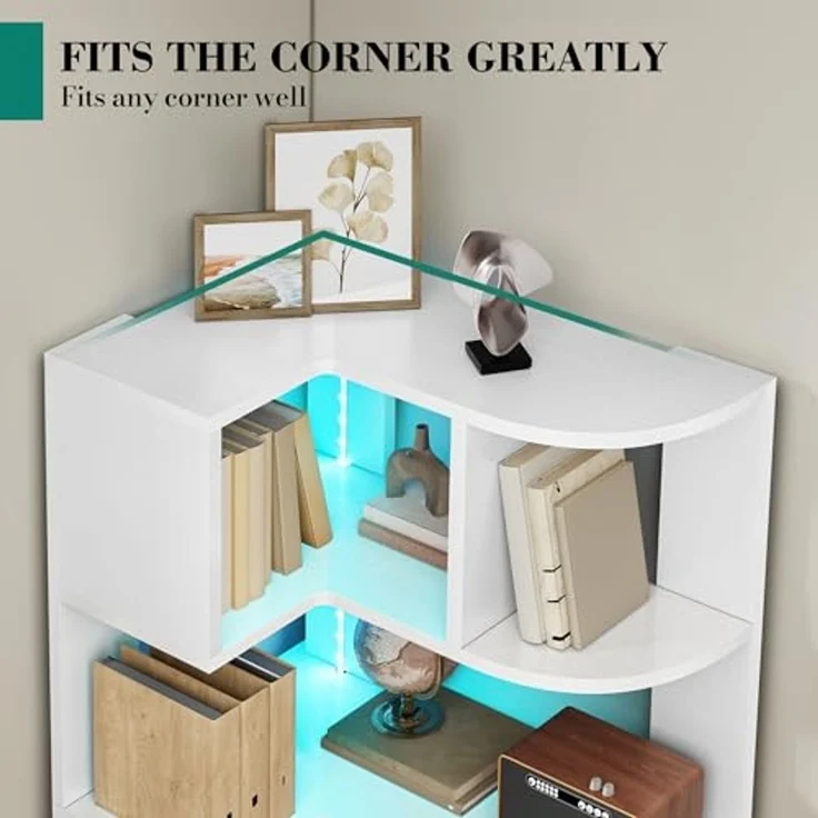 YITAHOME eckregal weiß mit Beleuchtung, 7 Etagen bücherregal, L-förmiges eckregal stehend, Corner Shelf, led Regal für Büro, Arbeitszimmer, Wohnzimmer, Schlafzimmer, L64 × W41.5 × H180 cm – Bild 4