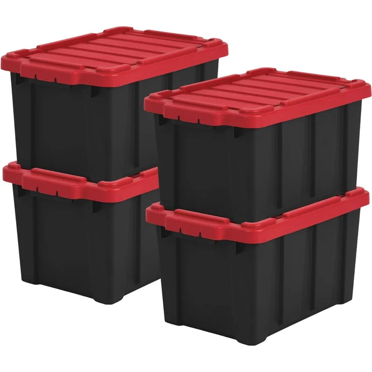 Iris Ohyama Heavy Duty Organisation Boxes, 21L, 4er-Set, Rot, Kompakt, Robust, Stapelbar, Aufbewahrungsbox, Für Garage, Regale, Umzug, Plastik, Utility, Werkzeugkiste, DDSKT-210