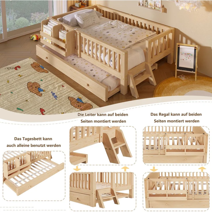 ZUBALIYA Holzbett 90 x 200 cm – Ausziehbett, flexible Montage, Geländer, MDF, Kiefer, Holzfarbe – Bild 4