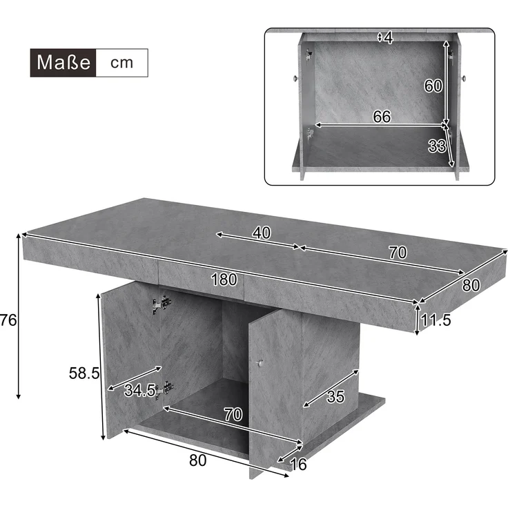 Ausziehbarer Esstisch 140/180x80x76 cm, Betonoptik Grau, mit Stauraum – Bild 10