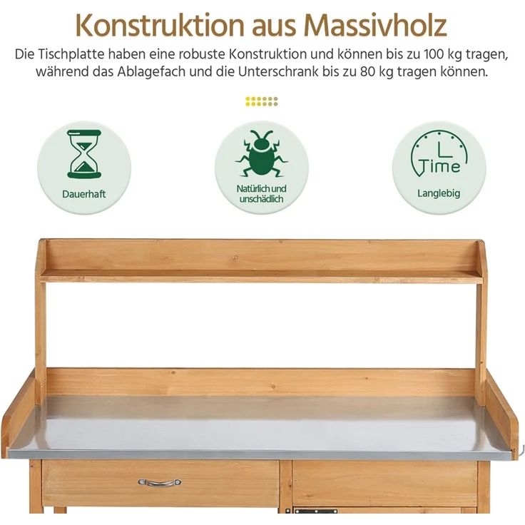 Yaheetech Pflanztisch mit Schubladen & Unterschrank, Blumentisch Gärtnertisch mit verzinkter Arbeitsplatte, wetterfest, 101 x 46 x 125 cm, Holzfarbe – Bild 5