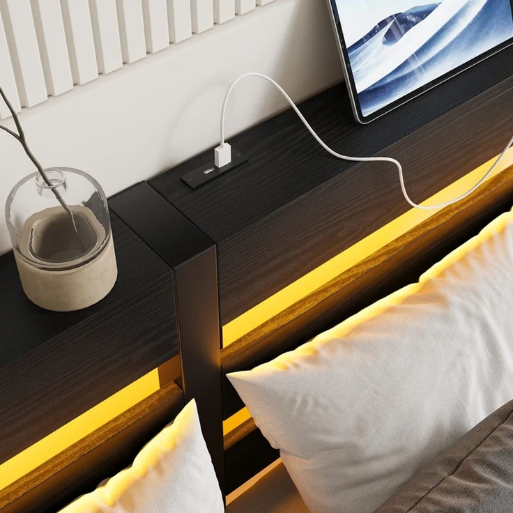 Homerecommend Schwebebettrahmen Metallbett 140x190 cm, ohne Kopfteil, für Schlafzimmer & Jugendzimmer, mit RGB LED-Beleuchtung & USB-Ladestation, versteckte Stützfüße für visuellen Schwebe-Effekt, Vintage Schwarz – Bild 5