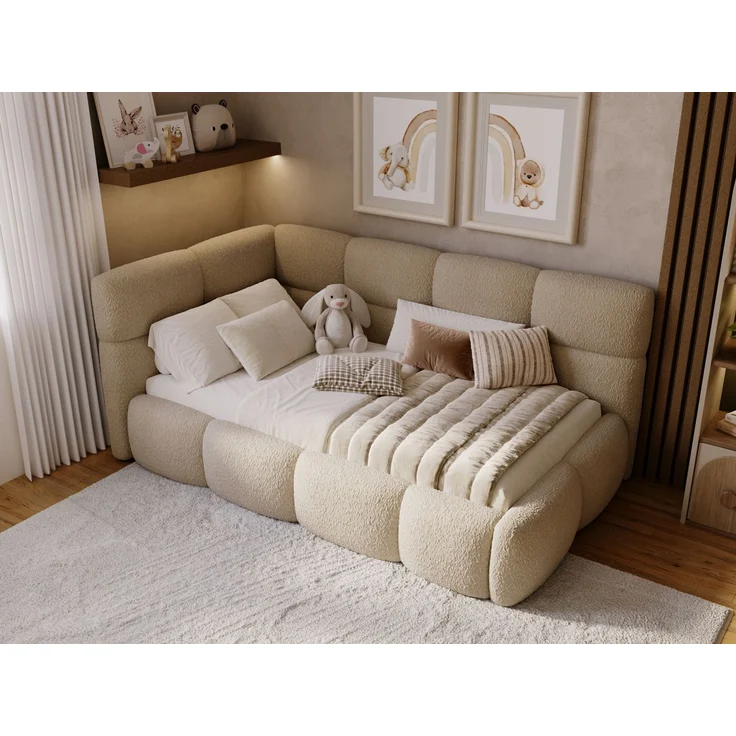 GRAINGOLD Modo One Jugendbett 90x200, Einzelbett mit Bettkasten, mit Lattenrost, Bouclé-Stoff, Rechts, Dunkelbeige – Bild 4