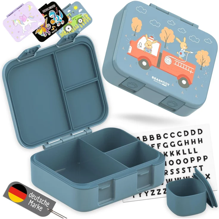 BEARFOOT Bento Box COMPACT Kinder Brotdose (Feuerwehr-blau, 1.000 ml) | BPA-frei, auslaufsichere Lunchbox mit Fächern, für Schule & Kindergarten, für Mädchen & Jungen, leicht & kompakt