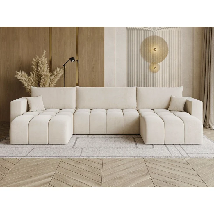 GRAINGOLD Ecksofa U-Form Neva U, Ecksofa mit Schlaffunktion, Bettkasten, mit losen Kissen, Velour-Stoff, Beige – Bild 1