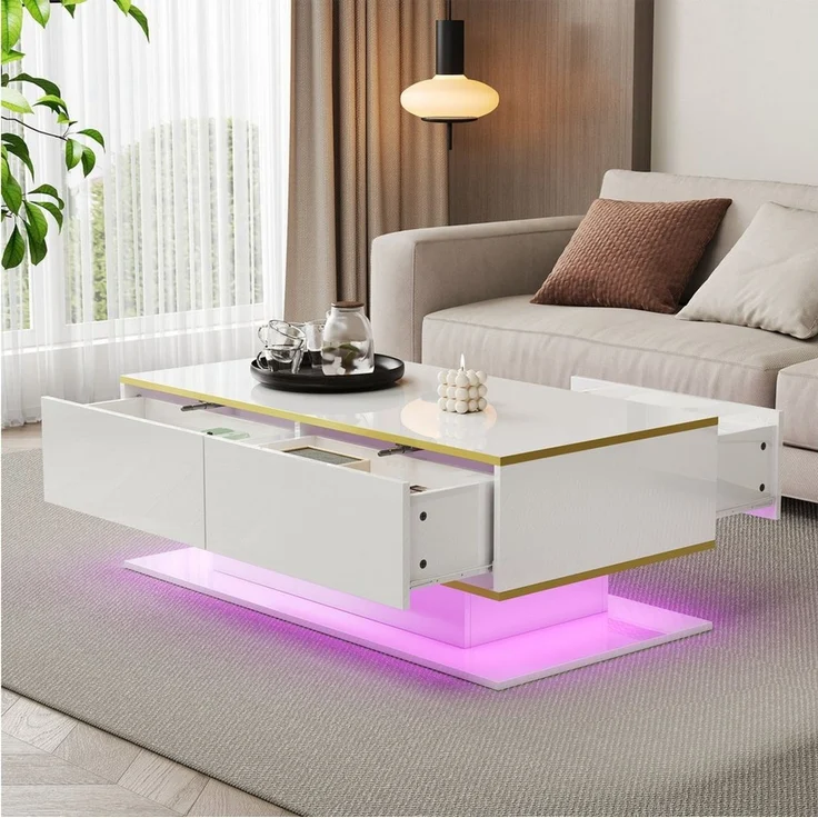 Merax Couchtisch hochglanz Sofatisch Beistelltisch mit LED-Beleuchtung (1-St), Wohnzimmertisch mit 3 Schubladen, Stauraum & Goldakzenten, 100 x 50 x 40 cm – Bild 5