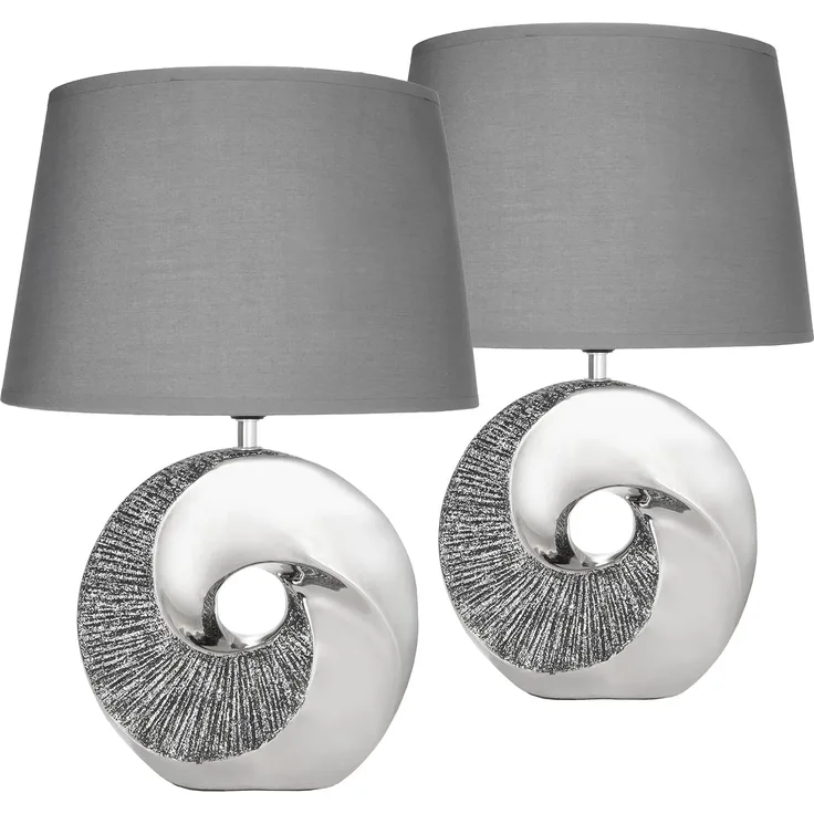BRUBAKER Nachttischlampe 2er Set Tischlampe Stein Ring Silber, ohne Leuchtmittel, 2x Moderne Tischleuchten mit Keramikfuß, Höhe 42,5 cm