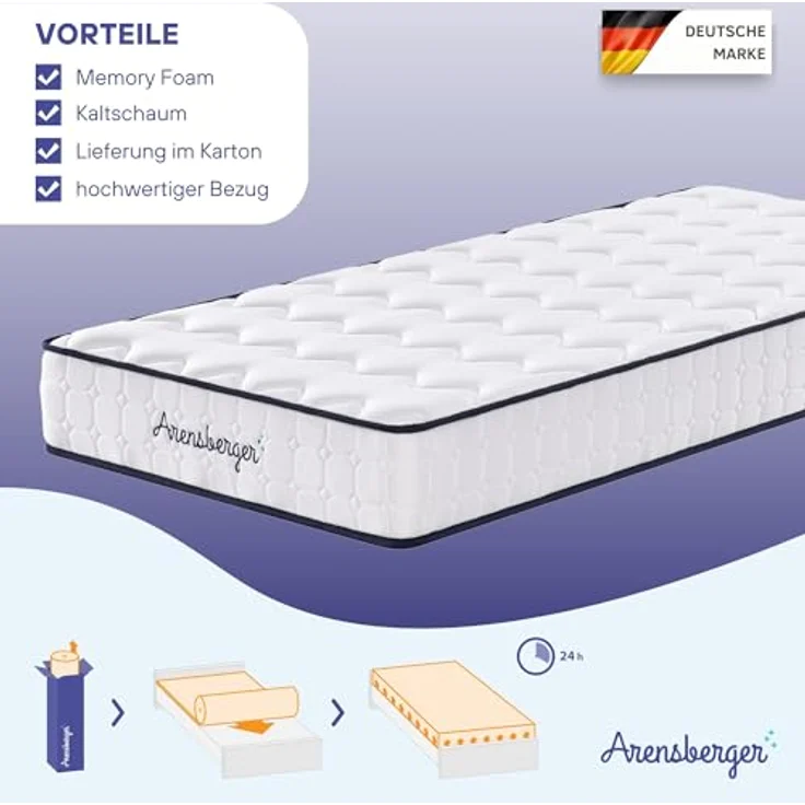 Arensberger LENA Federkernmatratze, 90x200cm, Höhe 21cm, Härtegrad H3, HR Taschenfederkern mit Memoryschaum, Rollmatratze – Bild 5