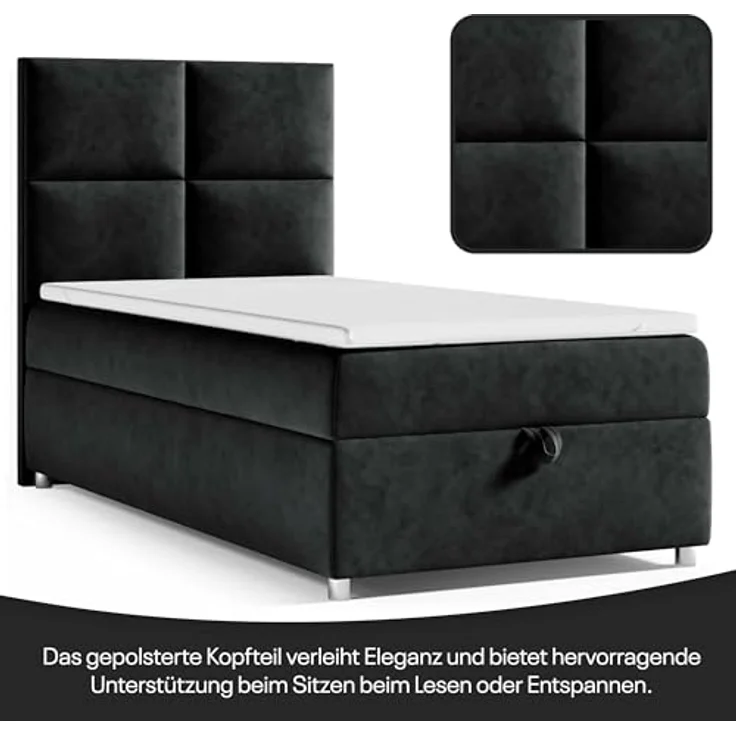 Best for Home Boxspringbett K2 SINGLE mit Bettkasten, Bonellmatratze & Komfort-Topper H3 (Einzelbett, Hotelbett, Polsterbett gepolstertes Kopfteil, Jugendbett, Kinderbett versch. Größen, 70x200 80x200 90x200 100x200 cm), verschiedene Liefermöglichkeite... – Bild 4