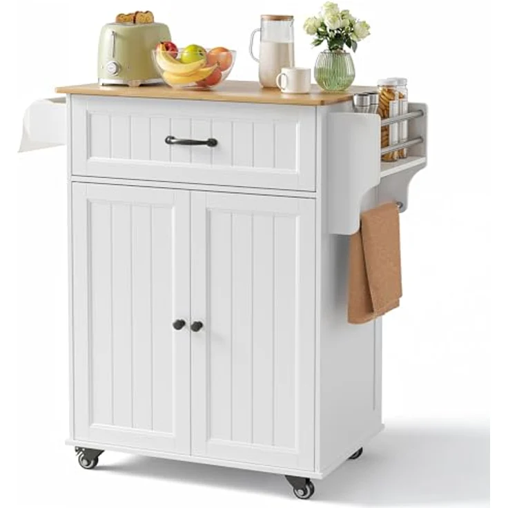 Bealife Küchenwagen mit Handtuchhalter und Gewürzboard, Kücheninsel auf Rollen, Bewegliche Küchenwagen mit Arbeitsplatte, Servierwagen für Küche, Esszimmer, Flur (weiß) – Bild 2