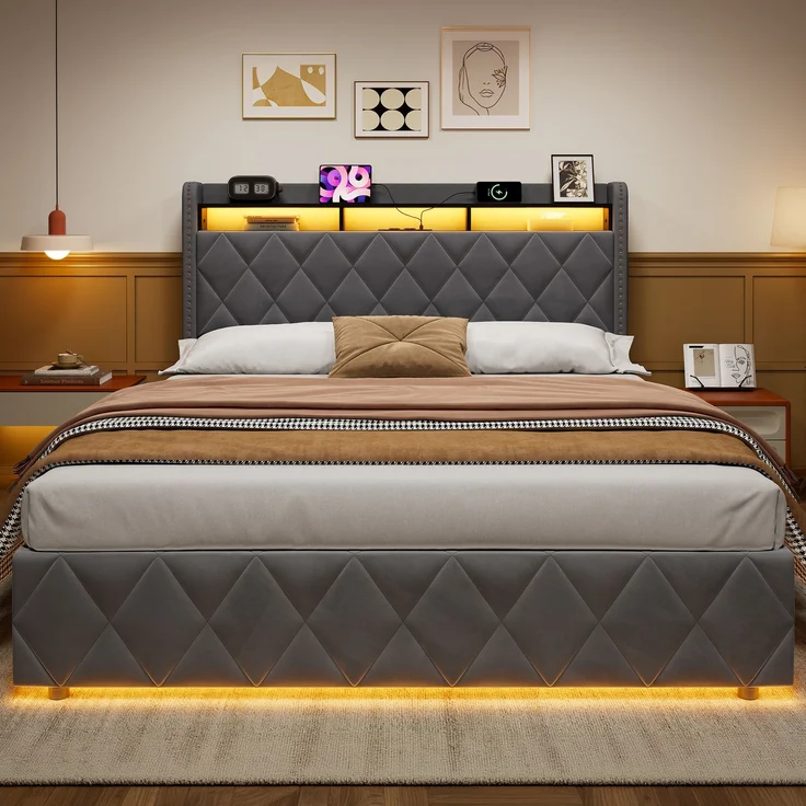 Einzelbett 140x200 cm mit LED-Beleuchtung, Ladefunktion und hydraulischem Stauraum – Ohne Matratze – Bild 2