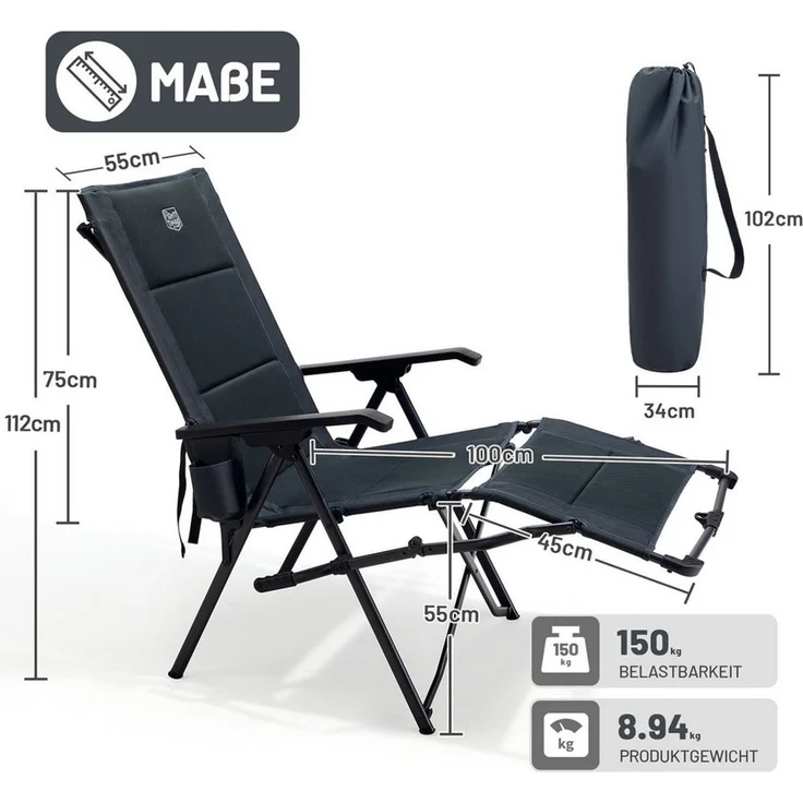 TIMBER RIDGE Campingstuhl mit Fußstütze, klappbar, 4-fach verstellbar, hohe Rückenlehne, 150 kg (1 St) – Bild 3