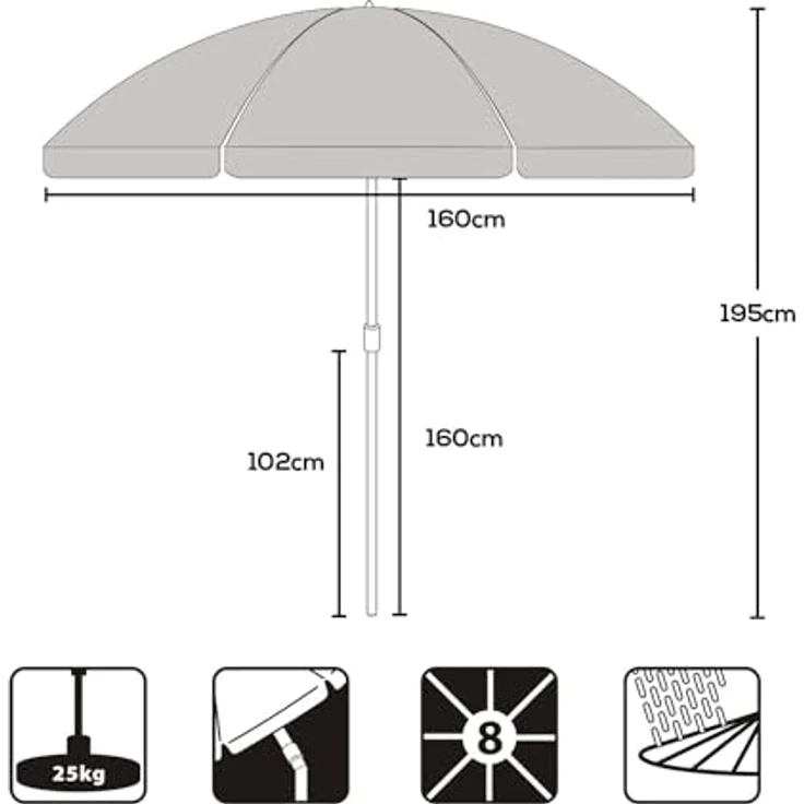 Sekey Sonnenschirm mit Schutzhülle, Neigungswinkel und Höhe verstellbar, Polyester graubeige, 160 cm – Bild 8