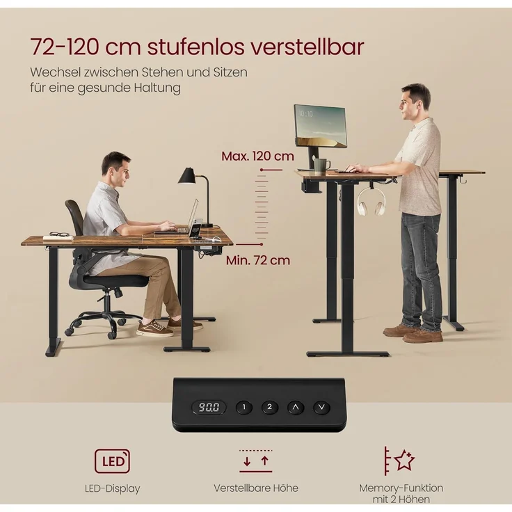 VASAGLE Höhenverstellbarer Schreibtisch elektrisch, L-förmiger Eckschreibtisch, mit Ladestation, Memory-Funktion mit 2 Höhen, Holz vintagebraun-tintenschwarz, 140x160 cm – Bild 4