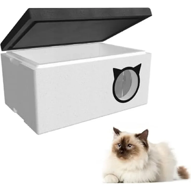 QLS Tierhaus Styropor Katzenhaus 58x38 cm, Wetterfest mit Vorhang Outdoor Tiere