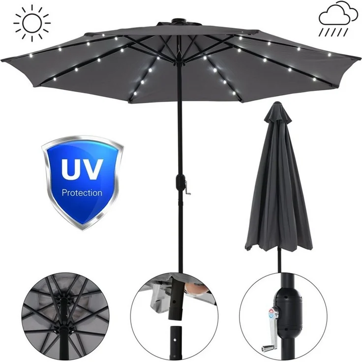 Feel2Home Sonnenschirm Sonnenschirm Marktschirm Ø3m LED Beleuchtung Strandschirm grau/beige, LxB: 300,00x300,00 cm, Stück, Premium-Sonnenschirm, LED-Beleuchtung – Bild 1