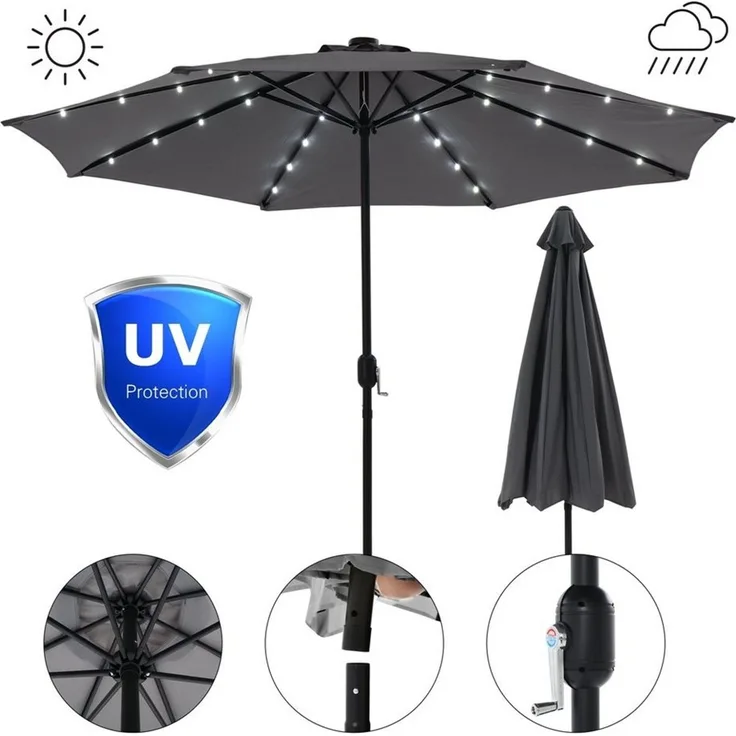 Feel2Home Sonnenschirm Sonnenschirm Marktschirm Ø3m LED Beleuchtung Strandschirm grau/beige, LxB: 300,00x300,00 cm, Stück, Premium-Sonnenschirm, LED-Beleuchtung