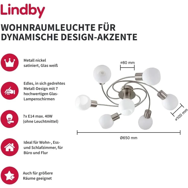 Lindby Deckenleuchten Ciala, Glas Alu IP20, 7 x 4,5 W LED – Bild 2