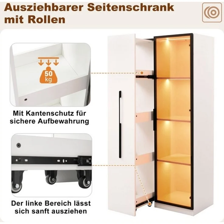 Merax Glasvitrine mit LED-Beleuchtung (70x40x160cm, 1-St, Bücherregal LED-Glasvitrine mit Aluminium-Türrahmen) Multifunktionsschrank Vitrine mit Glastür & seitliche Rollschublade – Bild 4