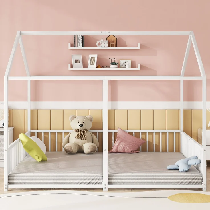 Hausbett Kinder Etagenbett 90x200cm Metallbett mit Geländer und Leiter,Zwillingsbett Doppelbett für Kinderzimmer, stabiler Metallrahmen,Weiß – Bild 4