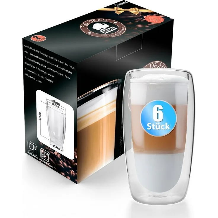 BigDean 6 Stück hohe doppelwandige Latte Macchiato Gläser 350 ml aus Borosilikatglas – Kaffeegläser in Geschenkverpackung