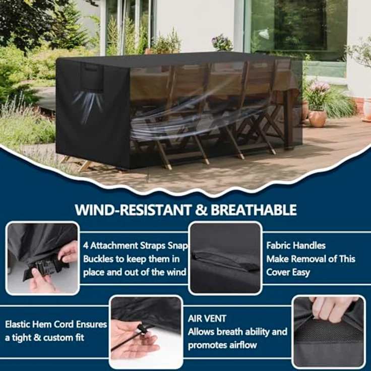 Aujink Abdeckung Gartenmöbel Winterfest, Wasserdichte Schutzhülle Gartenmöbel 420D Oxford Anti-UV Abdeckplane für Gartentische Terrassenmöbel Regenschutz und Staubfest Abdeckhaube Schwarz 170 x 94 x 71 cm – Bild 4
