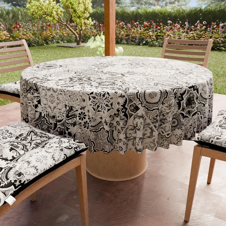 PETTI Artigiani Italiani - Schmutzabweisende runde Tischdecke aus Mikrofaser (Durchmesser 240 cm), Küchentischabdeckung für runden Tisch, Design Vietri 02, schwarz, 100% Made in Italy