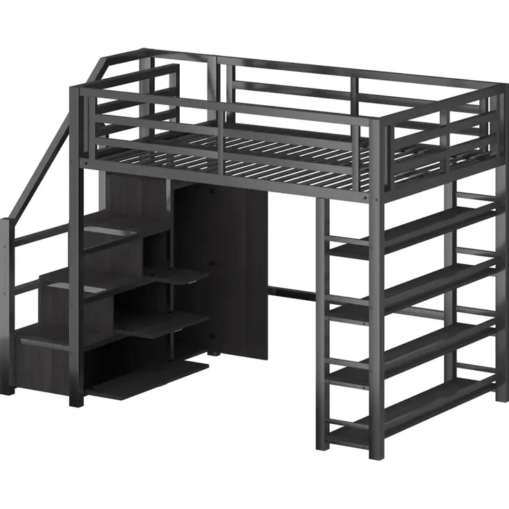Hochbett mit Kleiderschrank, LED-Streifen, Rausfallschutz und Regal, 140x200cm, Treppe mit Schränken, und, Kinderbett, Metallbett – Bild 7