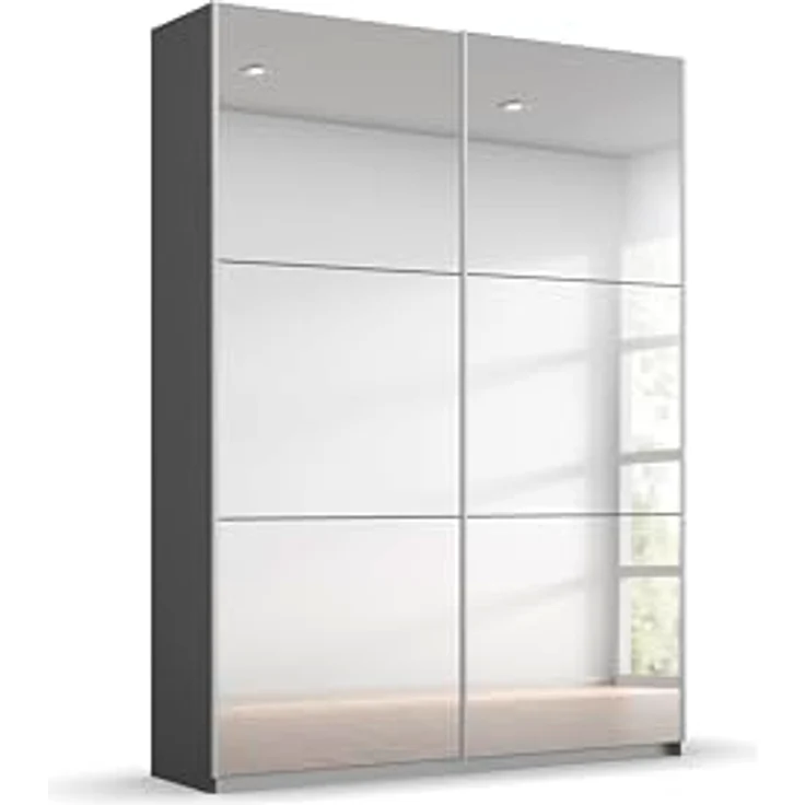 Rauch Möbel Reflect, Kleiderschrank mit Spiegel für Schlafzimmer, Wohnzimmer, Kinderzimmer, Flur, Garderobe, 2-türig, 2 Spiegeltüren, mit weiterem Zubehör, Farbe Grau metallic, Schwarz, 131x191x59cm – Bild 1