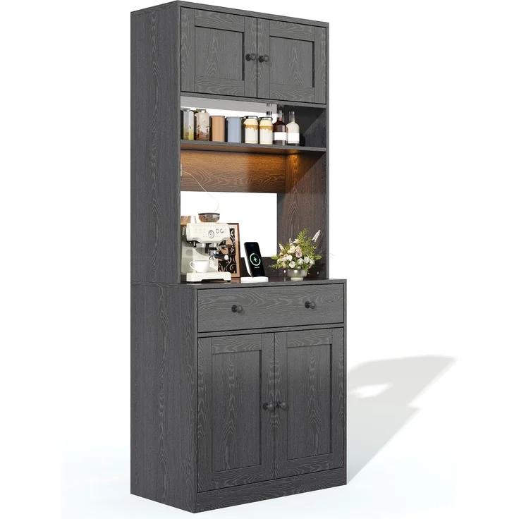 U-life Küchenschrank, fürs Wohnzimmer, Hochschrank mit LED, Küchenregal mit Steckdose, Gewürzregal, Durchdachtes Stauraumkonzept, MDF, Schwarz – Bild 6