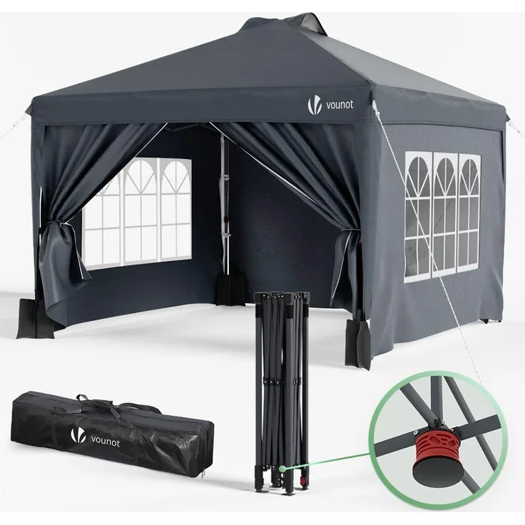VOUNOT Pavillon 3x3 m Wasserdicht Stabil Winterfest, Pop Up Faltpavillon mit 4 Seitenteilen und 5 Sandsäcke, Faltbar Partyzelt Gartenzelt Gartenpavillon inkl. Tasche, Grau