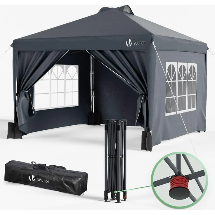 VOUNOT Pavillon 3x3 m Wasserdicht Stabil Winterfest, Pop Up Faltpavillon mit 4 Seitenteilen und 5 Sandsäcke, Faltbar Partyzelt Gartenzelt Gartenpavillon inkl. Tasche, Grau