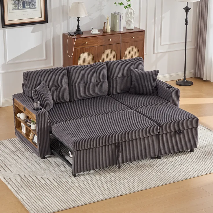 LVHOM Schlafsofa mit LED & USB, Ecksofa mit Ablagefächern, Schublade und Becherhaltern, Schlafcouch aus Cordstoff, frei Kombination, 196x144x85 cm