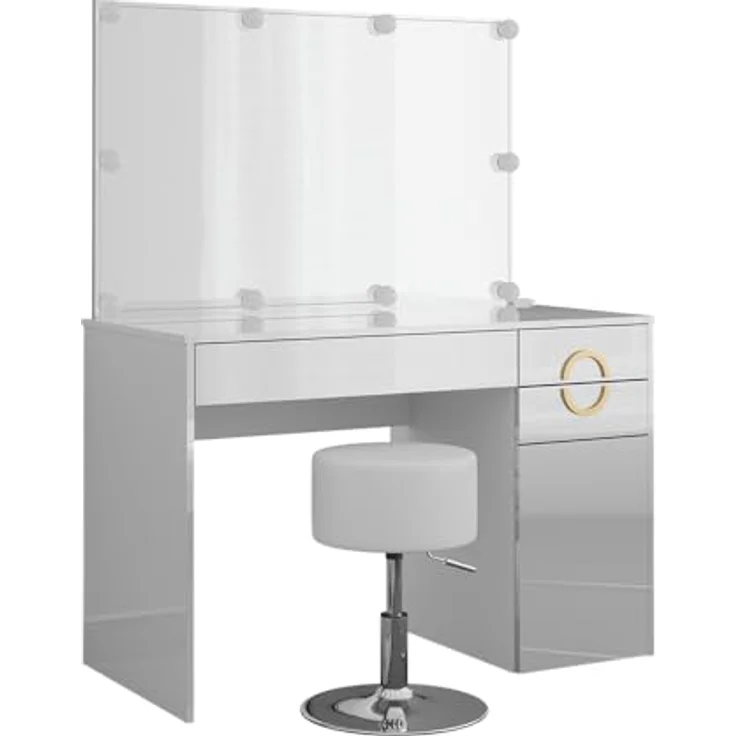 Vicco Schminktisch Adela, Weiß Hochglanz, mit Spiegel, LED-Lichterkette, 3 Fächern und 2 Schubladen, 115x76.4x55 cm – Bild 4