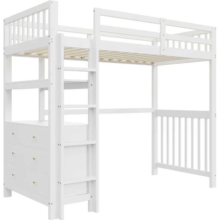 Weißes Hochbett 90x200 cm Mit 6 Schubladen Und Sicherheitsleiter Kinderhochbett Mit Aufbewahrungsschrank Massivkiefer Etagenbett Stauraum Lösung Sicherheitsbett Jugendzimmer Regal Unterbett – Bild 7