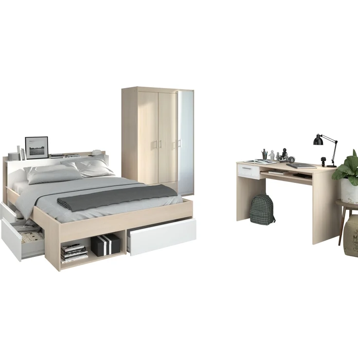 Schlafzimmer-Set >Most 74< (3-teilig) Bett, Kleiderschrank, Schreibtisch, Akazie Dekor / Weiss – Bild 2