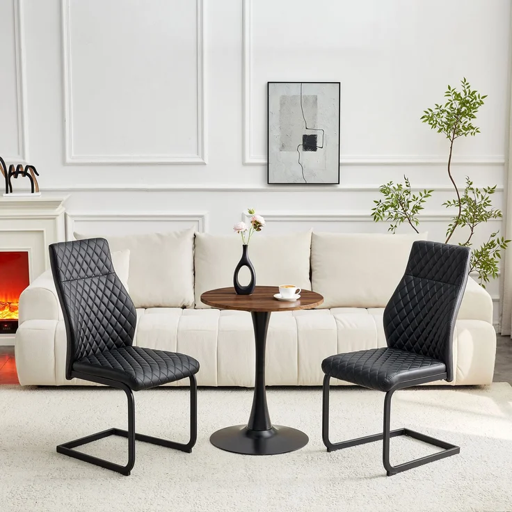 Esstischgruppe mit rundem H 72 x T 60 x B 60 cm Tisch aus MDF und 2 Stühlen aus PU-Leder mit Metallgestell – Bild 1