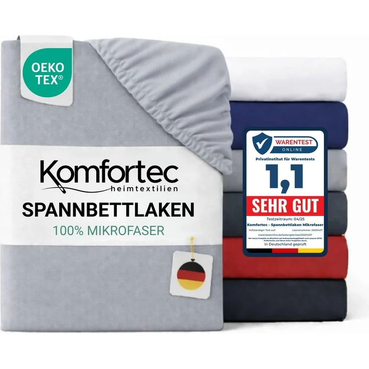 Komfortec Mikrofaser Spannbettlaken 160x200 cm – Weiches Spannbetttuch mit Rundumgummi – Fitted Sheet für Matratzen bis 30 cm – Grau – Oeko-Tex – Pflegeleicht & Hautfreundlich – 90g/m² – Bild 1
