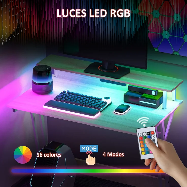 MELAYR, Gaming-Schreibtisch mit LED-Leuchten, 100 x 60 cm, Stromversorgung, 100 x 60 x 88,5 cm, Naturholz – Bild 6