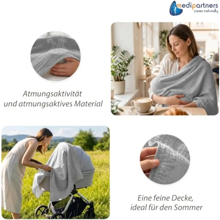 Medi Partners Musselin Babydecke 75x100cm Baby Decke Musselindecke Neugeborenen - dünne dünne Kuscheldecke Sommer Babydecken für Kleinkinder Krabbeldecke Kinderbett Kinderwagen (Grau) – Bild 6