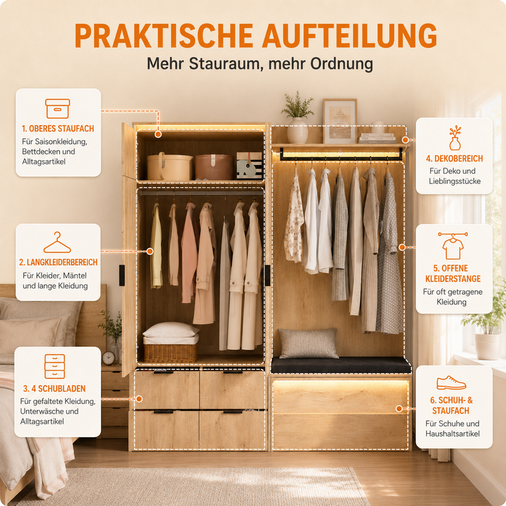 Garderoben-Set 180x47x200 cm mit LED, Spiegel, Sitzbank und 4 Schubladen – Bild 10