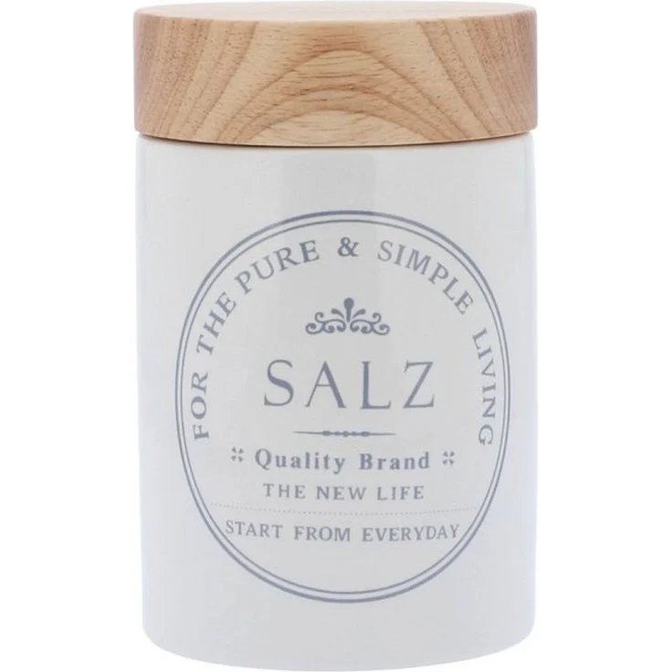 KHG Vorratsdose für Salz aus Steinzeug mit Akazienholz‑Deckel – im Landhausstil, Steingut, Aufbewahrungsdose für Salz – schützt Aroma da luftdicht verschließbar – Bild 4