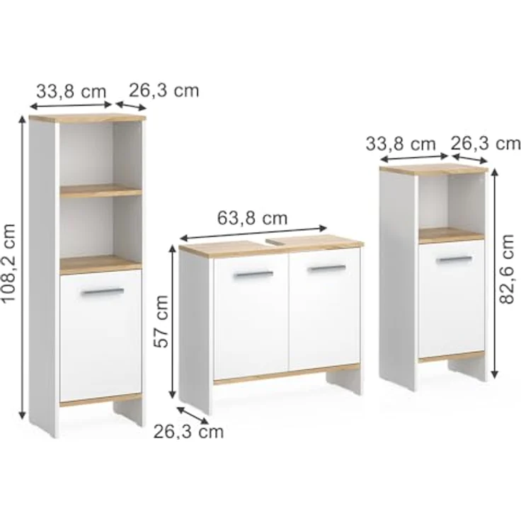 Vichy Badmöbel-Set Karli, 3-teilig in Weiss/Goldkraft Eiche, inklusive Waschbeckenunterschrank und zwei Midischränken – Bild 2