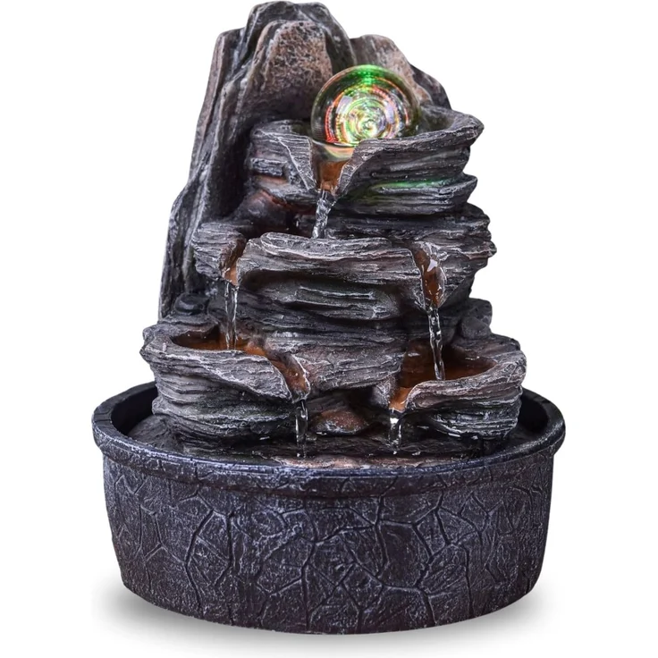 Zimmerbrunnen Wasserfall Natur Treppe Steineffekt Buntes Licht, Geschenkidee, Innendekoration in Bewegung - Zen Tischbrunnen Entspannend, Glücksbringer Objekt, H 25cm - Luberon Zen'Light