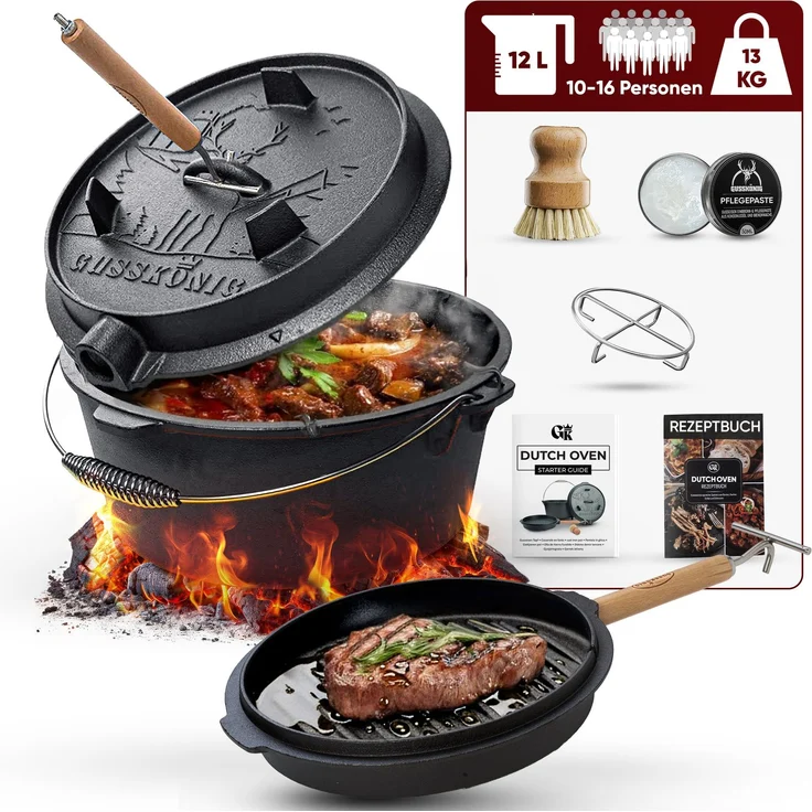 GUSSKÖNIG Dutch Oven Topf ohne Füßen 12Liter+Pflegepaste Untersetzer – Bild 1