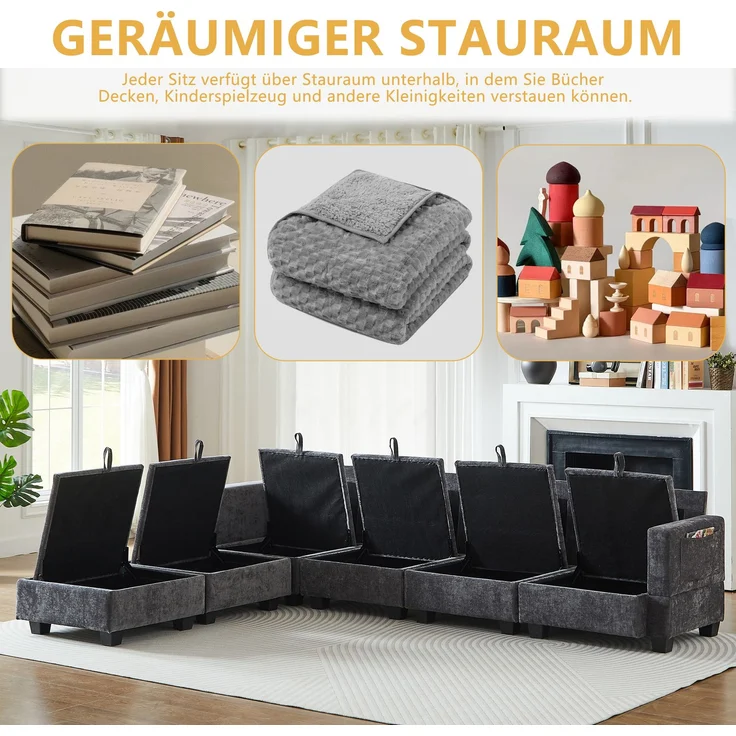 EINHOM Modulares Chenille-Sofa, Ecksofas für das Wohnzimmer U-förmiges Ecksofa mit Stauraum-Ottomane, 6-Sitzer-Ecksofas mit Chaiselongue – Bild 7