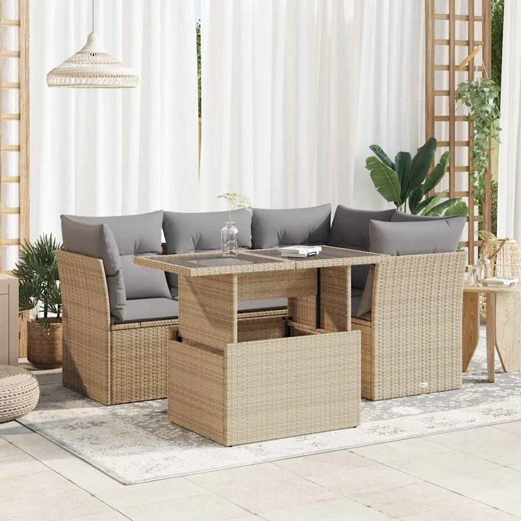 vidaXL 5-tlg. Garten-Sofagarnitur mit Kissen Beige Poly Rattan 3326150 – Bild 1