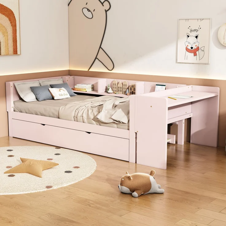 U-life Flachbett 90x200 cm Einzelbett Kinderbett Jugendbett mit Ausziehbett, Schreibtisch und 3 Regalen, Rosa – Bild 4
